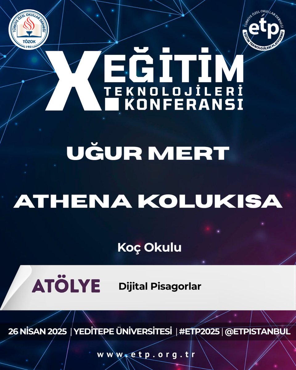 Uğur Mert ve Athena Kolukısa,
“Dijital Pisagorlar” başlıklı atölyeleriyle #ETP2025’te sahnede!

👉🏼 Dinleyici kaydı için son gün: 24 Nisan 2025
Detaylar ve kayıt: etp.org.tr
<a href="/etpistanbul/">ETP İstanbul #ETP2025</a>