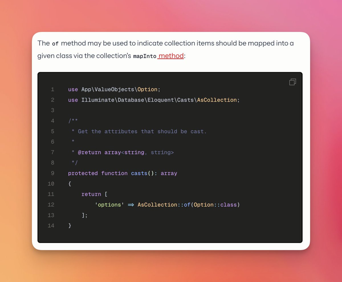 Today's Laravel release allows you to map Eloquent attributes using the collection cast into a specific object. 🧠

Thanks <a href="/DarkGhostHunter/">.:\dGh/:.</a>!