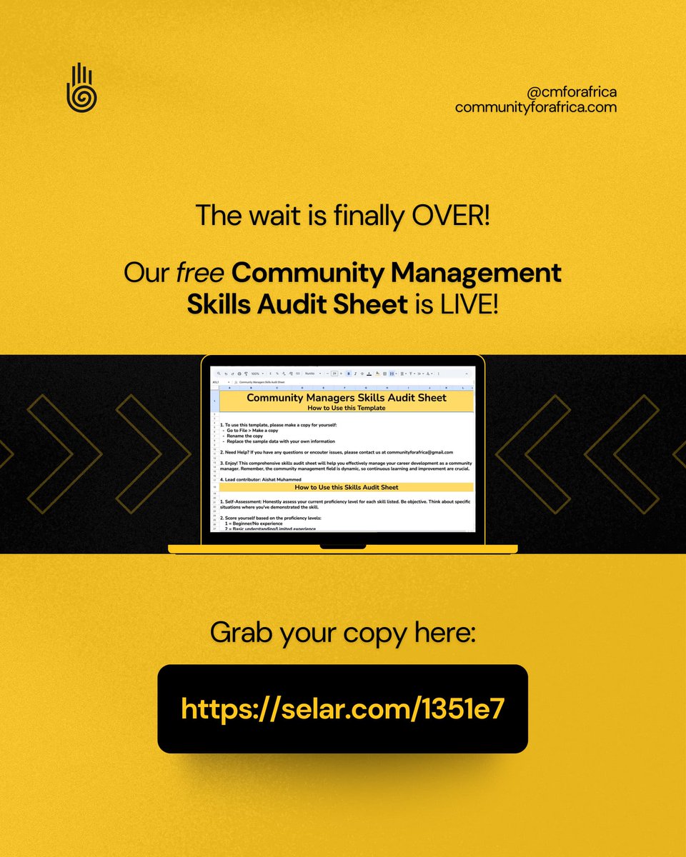 cmforafrica's tweet photo. It’s here!!
Our Community Manager (CM) Skills Audit Sheet is now live and ready to help you assess, grow, and showcase your CM skills like a pro.
Get yours today and take your growth seriously. Click the link below
https://t.co/Km4mZaRaum
#communitymanagers #C4A #skillsaudit https://t.co/0R8Bdj5YKl