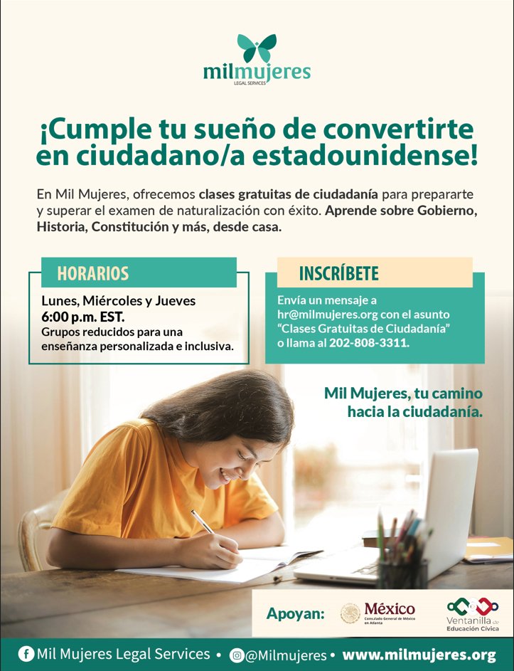 📩 Inscríbete hoy: Envía un correo a hr@milmujeres.org con el asunto "Clases Gratuitas de Ciudadanía". 📞 O llama al 202-808-3311.  🌐 Más información en milmujeres.org.  <a href="/MilMujeres/">Mil Mujeres</a>  <a href="/IME_SRE/">IMME</a>  <a href="/SRE_mx/">Relaciones Exteriores</a>