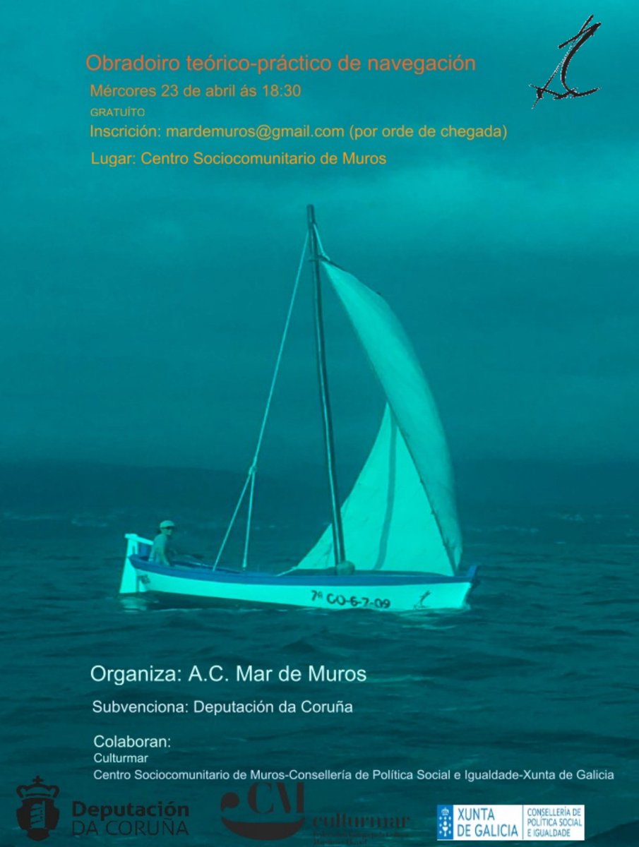 Culturmar (@culturmar) on Twitter photo 🆕Obradoiro teórico-práctico de navegación
📆Mércores 23 de abril
🕡18.30 horas
📍Centro Sociocomunitario de Muros
✍️Inscrición: mardemuros@gmail.com
✅Organiza Asociación Mar de Muros
✅Subvenciona Deputación da Coruña
#navegación #MardeMuros #Obradoiro 🆕Obradoiro teórico-práctico de navegación
📆Mércores 23 de abril
🕡18.30 horas
📍Centro Sociocomunitario de Muros
✍️Inscrición: mardemuros@gmail.com
✅Organiza Asociación Mar de Muros
✅Subvenciona Deputación da Coruña
#navegación #MardeMuros #Obradoiro