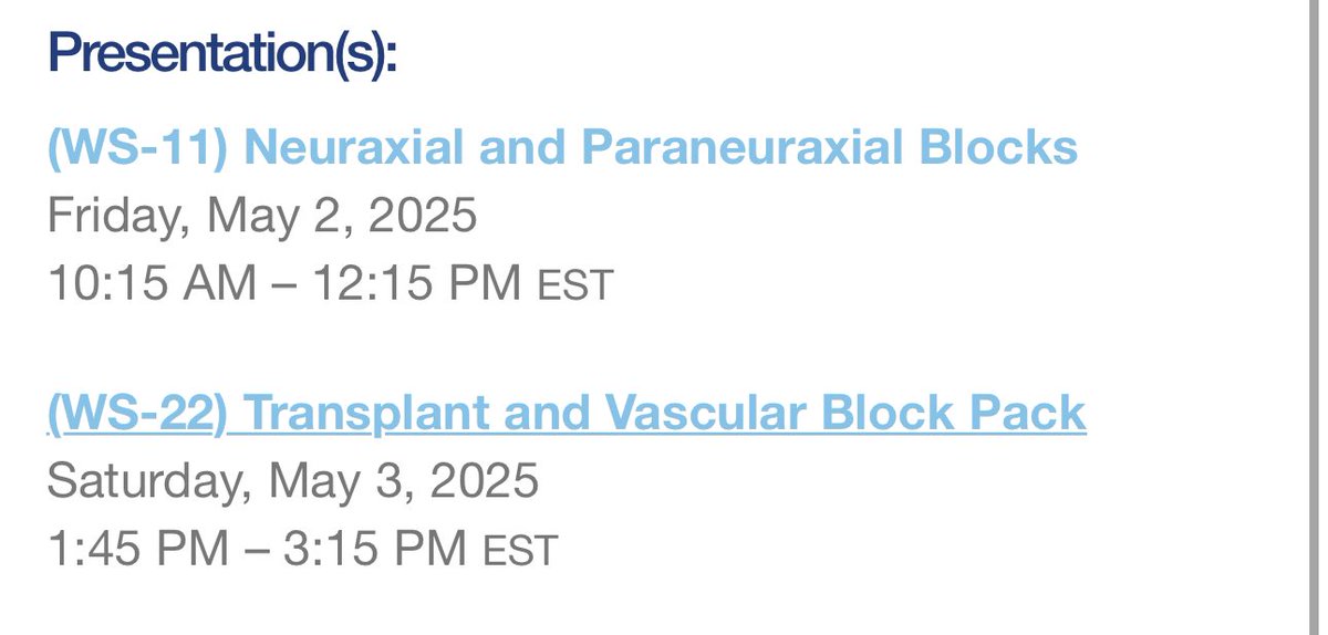 Sara Amaral, MD, EDRA, DESAIC (@saraamaralmd) on Twitter photo This year I’m going to #ASRASpring25 to learn (always!) and for the first time in this event, I’ll also have the honor to pass along some of what I know!
This is where you can find me (also on all social events and lectures!)
Come say hi!!! ♥️
<a href="/Ropivacaine/">Dr. Vishal Uppal MBBS, FRCA 🇨🇦🇮🇳🏴</a> <a href="/ASRA_Society/">ASRA Pain Medicine</a> This year I’m going to #ASRASpring25 to learn (always!) and for the first time in this event, I’ll also have the honor to pass along some of what I know!
This is where you can find me (also on all social events and lectures!)
Come say hi!!! ♥️
<a href="/Ropivacaine/">Dr. Vishal Uppal MBBS, FRCA 🇨🇦🇮🇳🏴</a> <a href="/ASRA_Society/">ASRA Pain Medicine</a>