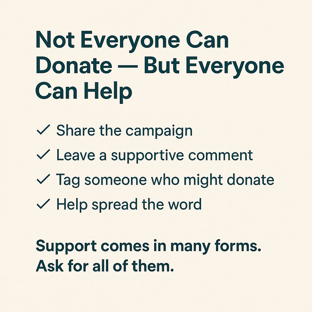 Awesomefundra's tweet image. 🔥 Don’t just ask for money.

Ask for: 🔁 Shares
💬 Comments
📢 Amplification
Some people can’t donate—but they can help you grow.
Support isn’t always financial. Make it easy for them to show up.
💡 #GoFundMeSupport #CrowdfundingTips #FundraiserHelp