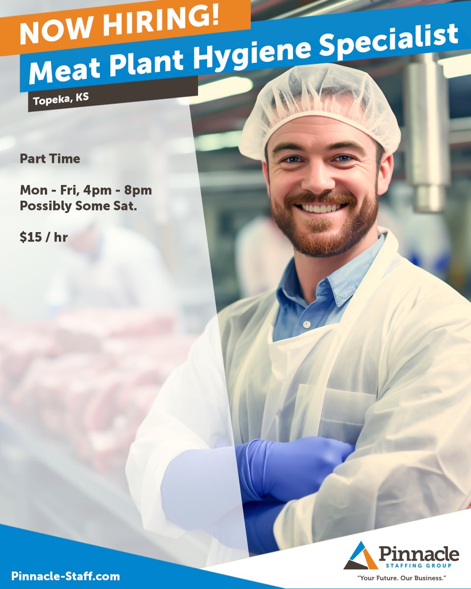 pinnaclegroups's tweet image. We're searching for a Butcher and a Meat Plant Hygiene Specialist in Topeka! Apply today by contacting or stopping by our Topeka office.

923 SW Fairlawn Rd, Ste 161
Topeka, KS 66606
785.422.8111

#TopekaJobs #MeatPlantJobs #ButcherJobs #Careers #Jobs #ApplyNow #NowHiring #Hiring