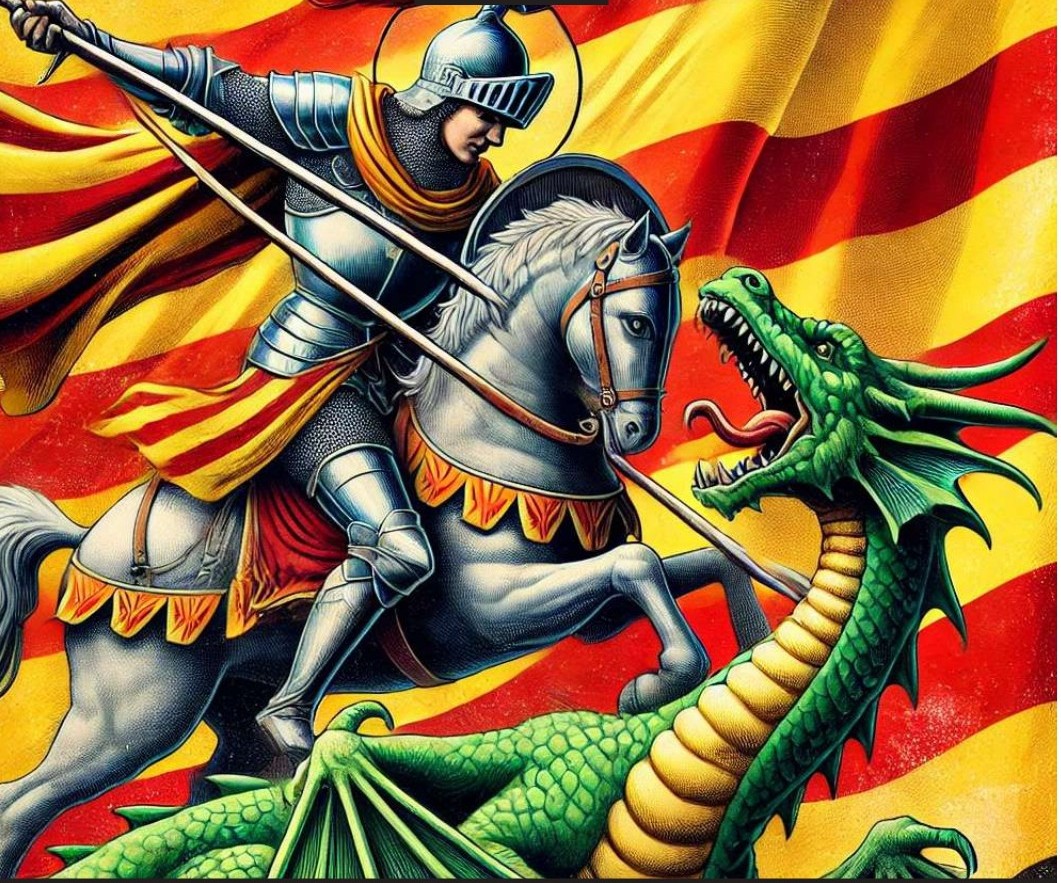 Si Sant Jordi fos al juny,
quan grogueja el blat i l’ordi,
jo vull creure que Sant Jordi
vindria amb la falç al puny.
.....
Per això, valent, ardit,
prou que el veurem com avança!
Per a occir el drac duu la llança;
per a l’amor, la rosa al pit.

Antoni Massanell i Esclassans
