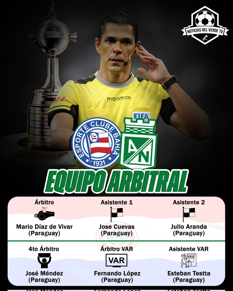 La Comisión de Árbitros de la CONMEBOL dio a conocer los árbitros designados para la Fecha 3, por la Fase de Grupos de la CONMEBOL Libertadores 2025, donde Atlético Nacional visitará a Esporte Clube Bahia.