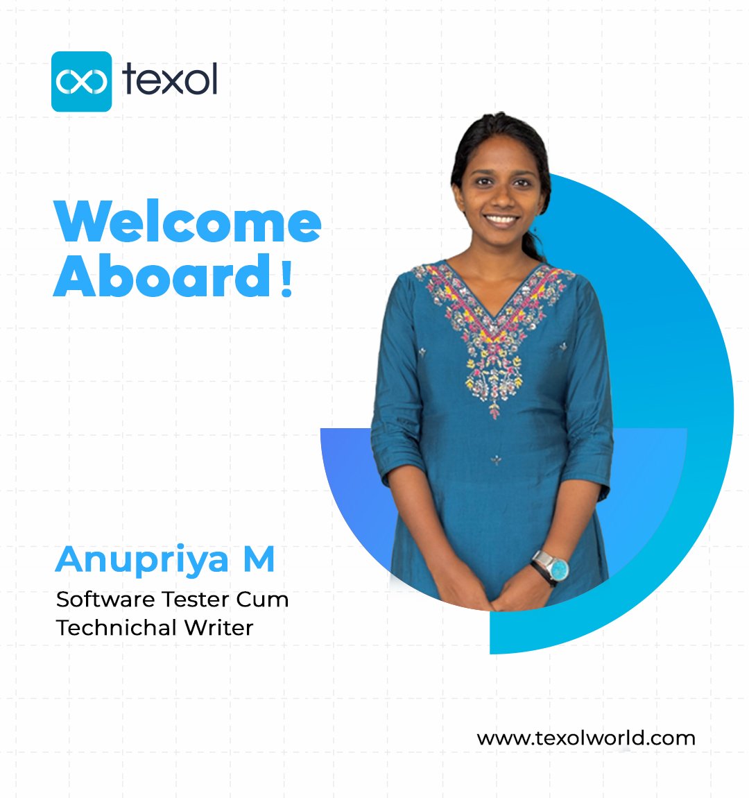 texolworld's tweet photo. Join us in welcoming Anupriya M to the Texol family! As a Software Tester Cum Technical Writer, she's ready to bring her expertise and passion to the team. We are excited to have you aboard, Anupriya!

#WelcomeAboard #NewTeamMember #TexolFamily https://t.co/pbuCiu07GK