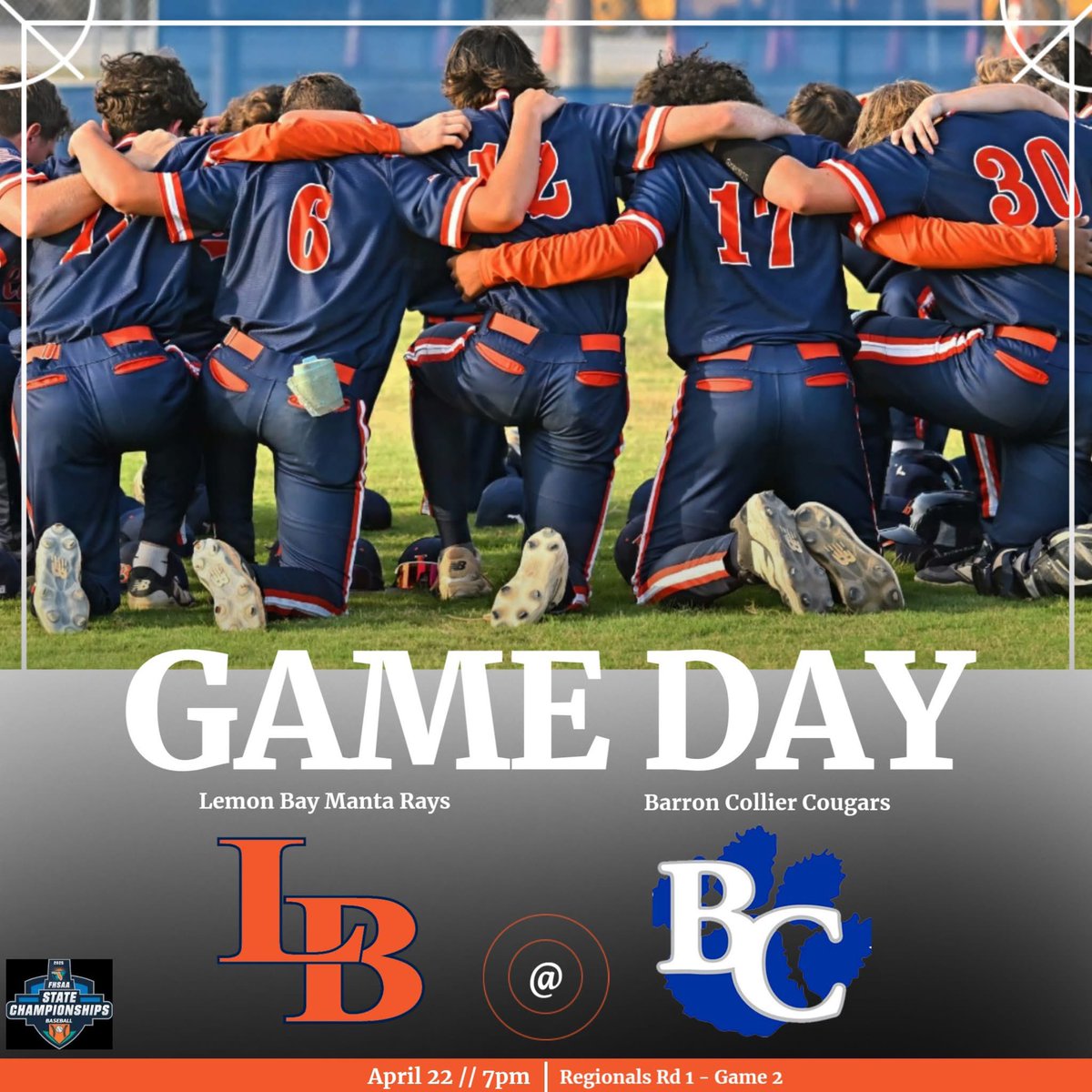 🚨MANTA RAY GAME DAY🚨
Regional Quarter Finals Game 2

🆚: Barron Collier Cougars
⏰: 7:00pm
📍: Naples, FL 
🏟️: Barron Collier HS
🎟 : gofan.co/app/school/FL1…

#WinEveryday | #AC | #Raysbaseball