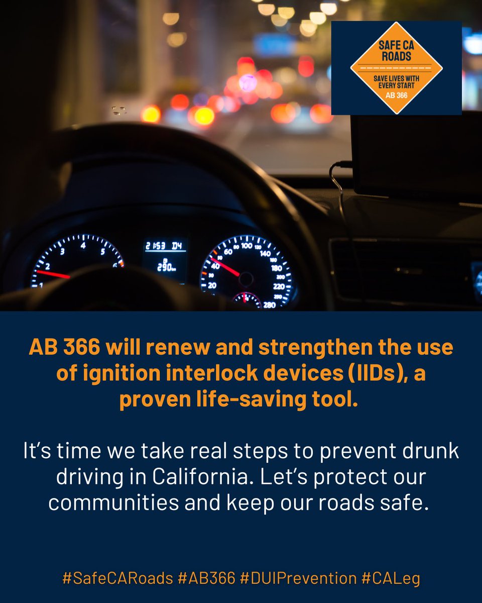 It’s time we take real steps to prevent drunk driving in #California.

#AB366 will renew and strengthen the use of ignition interlock devices (IIDs), a proven life-saving tool. Let’s protect our communities and keep California roads safe. 
#SafeCARoads #DUIPrevention #CALeg