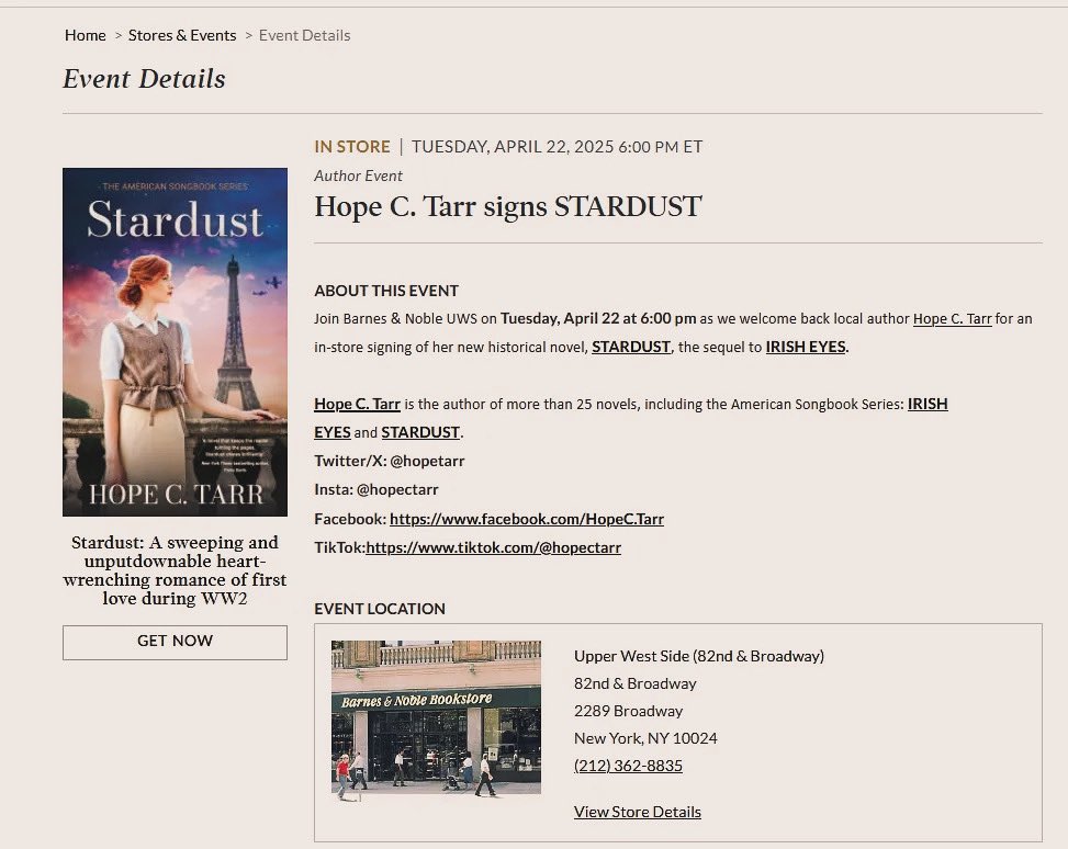 HopeTarr's tweet image. Tonight’s the night! Join me at Barnes & Noble Upper West Side for a signing of my new #histfic release STARDUST. The fun starts at 6pm! #newrelease #booktour #stardustbook #americansongbookseries #ww2 @JoffeBooks