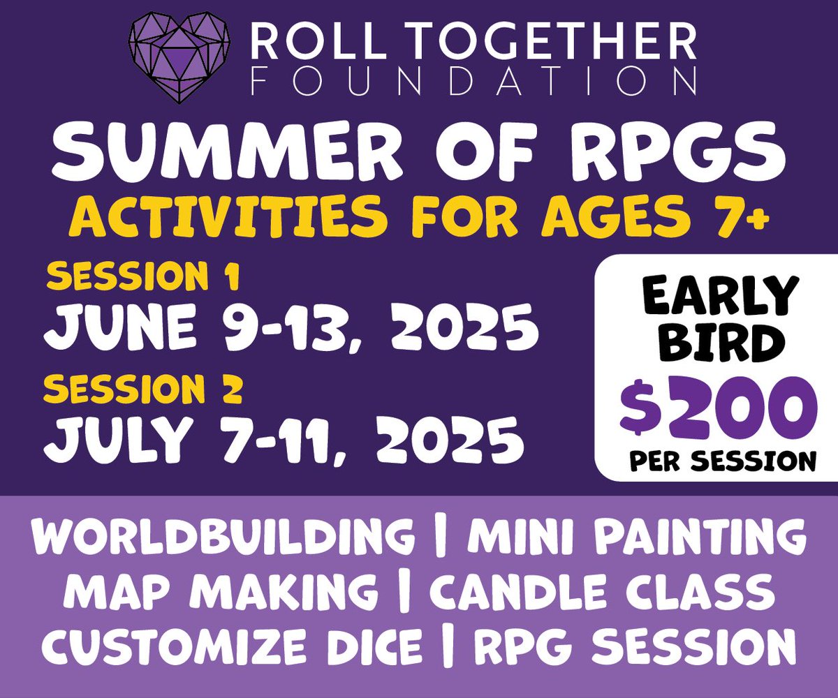 Want to have fun AND donate to a good cause?! Part of your camp tuition will go to funding our latest campaign to purchase games for our local juvenile detention centers! Game charitably! 

Go to rolltogether.org/store for more info! 

#summercamp #ttrpgkids #ttrpg #tabletop