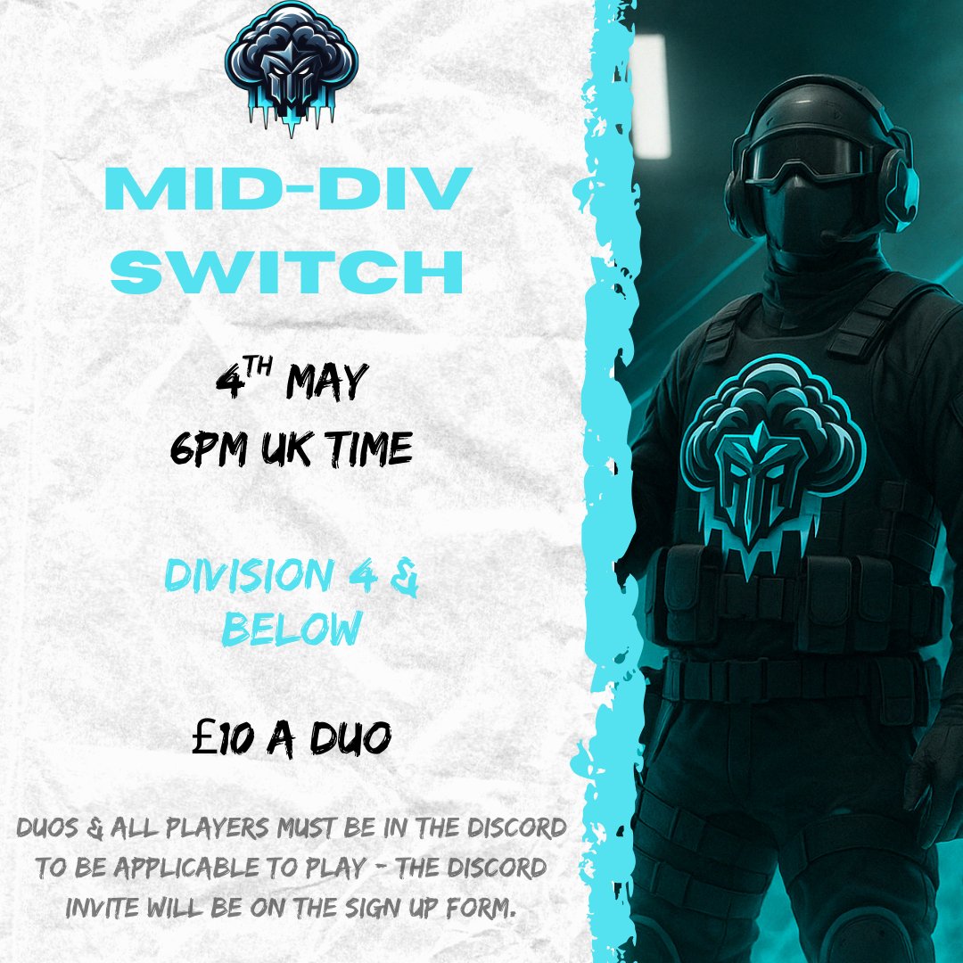 Project Mist (@theprojectmist) on Twitter photo Project Mist Mid-Div Switch π
FREE ENTRY FOR A RANDOM DUO IF YOU π & π THE POST - ANNOUNCED 27TH APRIL π
4th May - 6PM UK Time π
Β£10 a Duo πΈ
Division 4 & Below (<a href="/EuCompLeague/">Eu Competitive League</a> & <a href="/AMeLeague/">AEL - Amateur Esports League</a>)
Sign up : forms.gle/4TmRw7VRzBd9s4β¦ Project Mist Mid-Div Switch π
FREE ENTRY FOR A RANDOM DUO IF YOU π & π THE POST - ANNOUNCED 27TH APRIL π
4th May - 6PM UK Time π
Β£10 a Duo πΈ
Division 4 & Below (<a href="/EuCompLeague/">Eu Competitive League</a> & <a href="/AMeLeague/">AEL - Amateur Esports League</a>)
Sign up : forms.gle/4TmRw7VRzBd9s4β¦