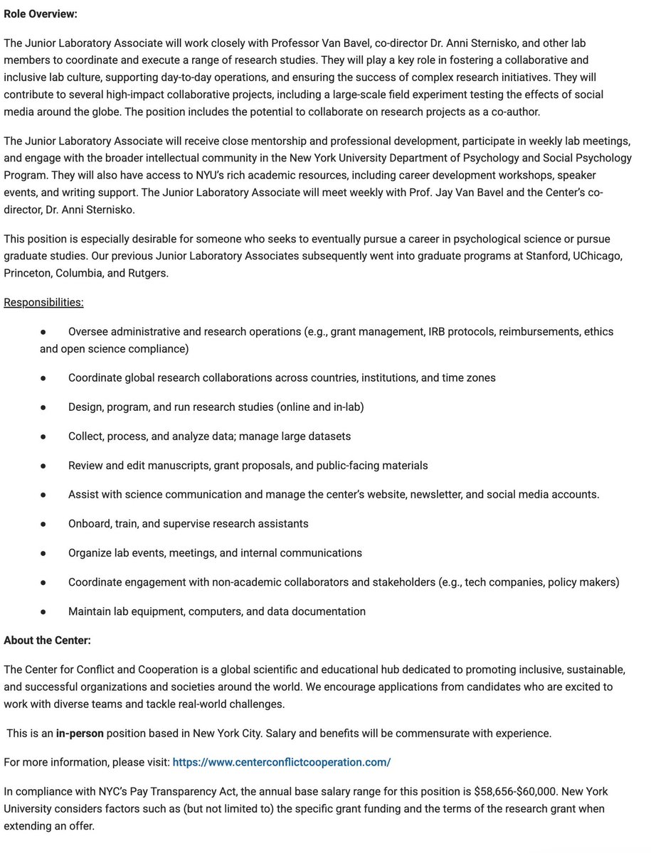 CCC_NYU's tweet photo. Job alert: We’re hiring a full-time Lab Manager to join our team at NYU studying the psychology of intergroup conflict and cooperation. This is an ideal pre-doctoral position for those interested in pursuing a PhD in psychology or related fields.
Start date: July/August 2025 https://t.co/4gOrtAhycl