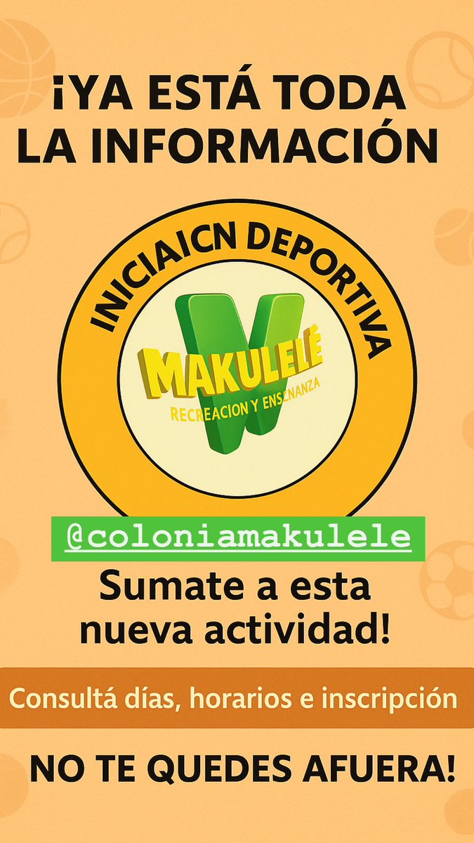 ColoniaMakulele's tweet photo. Está abierta la inscripción para INICIACION DEPORTIVA MAKULELÉ
1h de natación y 1h de deporte

📍Av. Riestra 2696 (predio Delfo Cabrera)
⏰ de 10hs a 12hs
📆 desde el sábado 3/5 todos los sábados

Para más información comuníquense por WhatsApp 1154717373 https://t.co/eYI3ZM7r2N