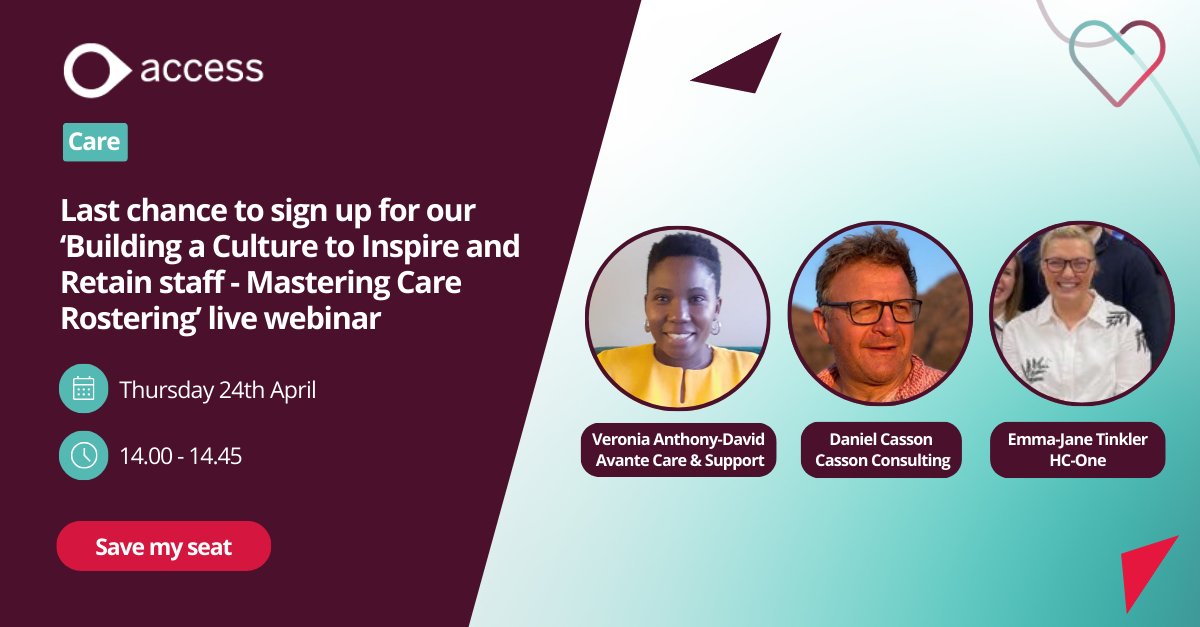 It is your last chance to sign up for our live webinar taking place this Thursday - Building a Culture to Inspire and Retain staff - Mastering Care Rostering.

Sign up here: ow.ly/fFj850VFtcx

#Webinar #CareRostering #AccessTheFutureOfRostering #Care