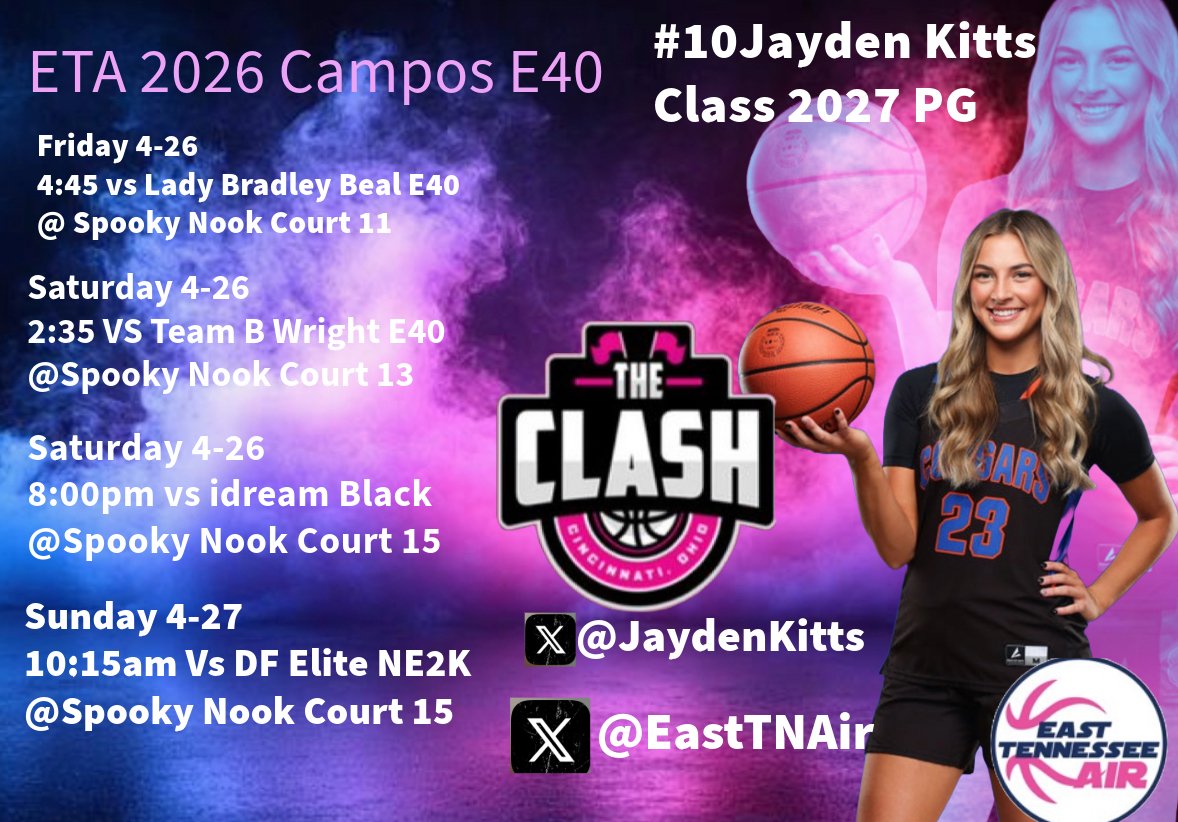Jayden Kitts (@jaydenkitts) on Twitter photo Looking forward to being back with my team this week at The Clash! Big weekend!!! Come check us out!!!
<a href="/EastTNAir/">East TN Air (Campos)</a>
<a href="/CCHSLadiesBball/">Lady Cougars Bball 🏀</a>
<a href="/PGHTennessee/">Prep Girls Hoops Tennessee</a>
<a href="/MeadeHoops/">Amanda Meade</a>
<a href="/Elite40League/">Elite 40 League</a>
<a href="/_BlakeDerrick/">Blake Derrick</a> Looking forward to being back with my team this week at The Clash! Big weekend!!! Come check us out!!!
<a href="/EastTNAir/">East TN Air (Campos)</a>
<a href="/CCHSLadiesBball/">Lady Cougars Bball 🏀</a>
<a href="/PGHTennessee/">Prep Girls Hoops Tennessee</a>
<a href="/MeadeHoops/">Amanda Meade</a>
<a href="/Elite40League/">Elite 40 League</a>
<a href="/_BlakeDerrick/">Blake Derrick</a>