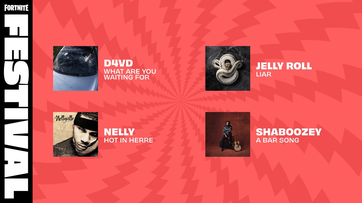 FNFestival's tweet photo. One, here comes the two to the three to the four (new Tracks)

THURSDAY NIGHT: What Are You Waiting For - d4vd
FRIDAY NIGHT: Liar - Jelly Roll,  Hot in Herre - Nelly, A Bar Song - Shaboozey https://t.co/SNm7VfSd0N