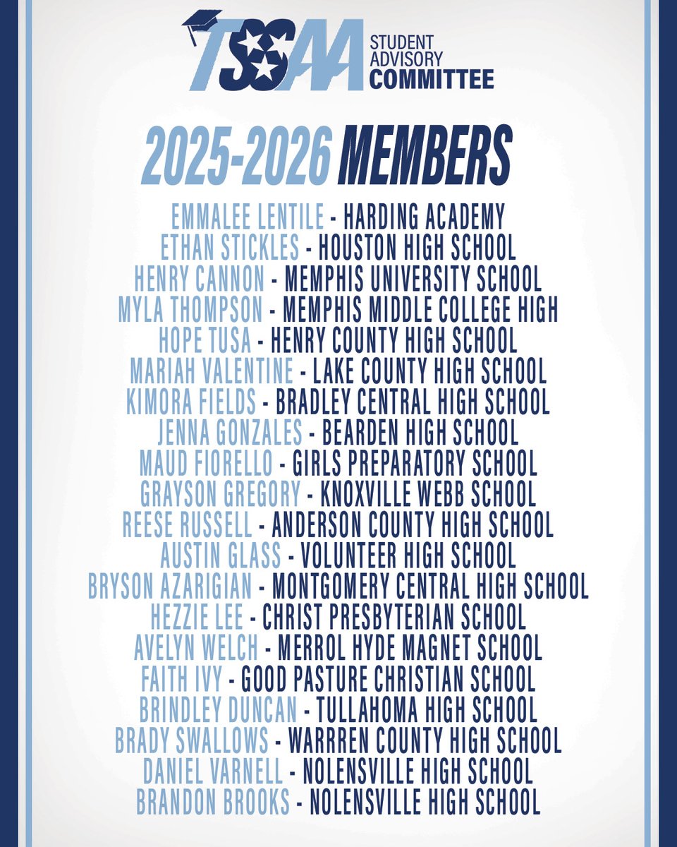 TSSAA's tweet image. Introducing the 2025-2026 TSSAA Student Advisory Committee! 

Thank you to everyone who applied to be apart of this committee, we have some very impressive student-athletes across our great state! We are PUMPED to see what these individuals do for the TSSAA athletic community! 💪