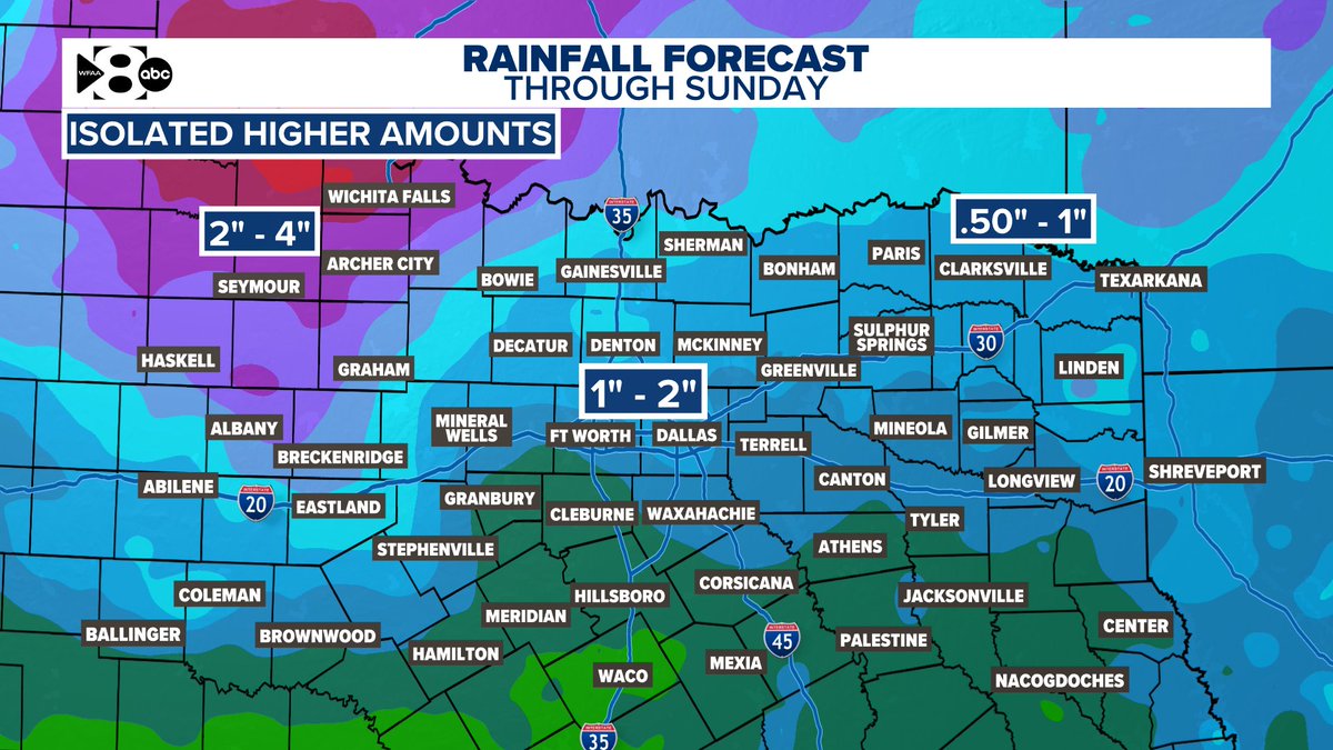 wfaaweather's tweet image. It won't rain the entire time, but a few rounds of rain are expected starting tonight through the weekend. The highest rain totals will be northwest of DFW. 
#wfaaweather