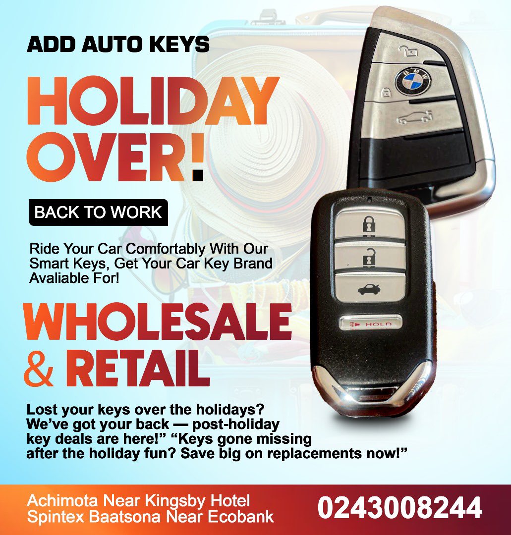 🤸🏻‍♂️HOLIDAY OVER?👜
Keys gone missing after the holiday fun? Save big on replacements now!” 
Locate Us 
Achimota Near Kingsby Hotel 
Spintex Baatsona Near Ecobank 
Lapaz Opposite Absa Bank 
(OPENING SOON )
0243008244
#holiday #breakover #fyp #lostkeys #auto #salesdeal