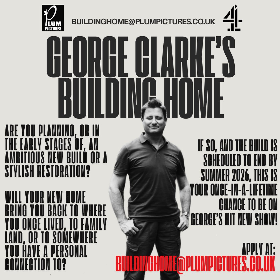 Amazing Spaces (@gcamazingspaces) on Twitter photo If you have come back to a place or a building that is special to you, to create a new 'forever home' this is your chance to star in an episode of the HIT NEW SHOW 'GEORGE CLARKE'S BUILDING HOME'
EMAIL Buildinghome@plumpictures.co.uk
<a href="/MrGeorgeClarke/">George Clarke</a> If you have come back to a place or a building that is special to you, to create a new 'forever home' this is your chance to star in an episode of the HIT NEW SHOW 'GEORGE CLARKE'S BUILDING HOME'
EMAIL Buildinghome@plumpictures.co.uk
<a href="/MrGeorgeClarke/">George Clarke</a>
