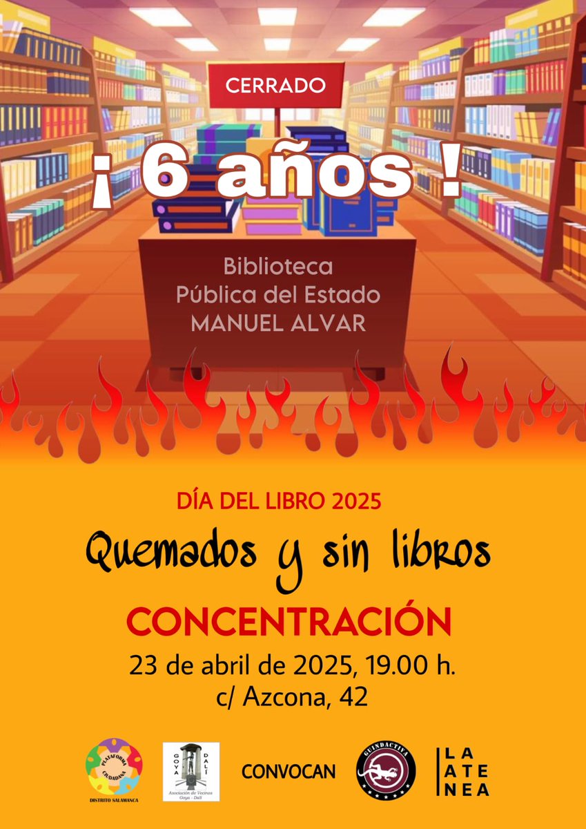 Mañana, ante la celebración del #DiaDelLibro volvemos a reclamar una biblioteca pública para La Concepción, San Pascual y San Juan Bautista.

Y apoyamos esta concentración para exigir la reapertura de la vecina biblioteca Manuel Alvar, que lleva más de 6 años cerrada por obras!