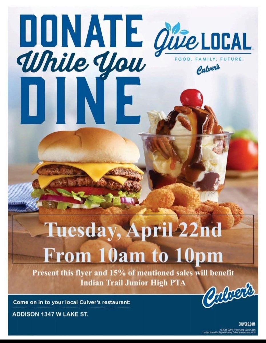Come out to Culvers for lunch or dinner today and support Indian Trail. Thank you PTA for setting this up for our school!