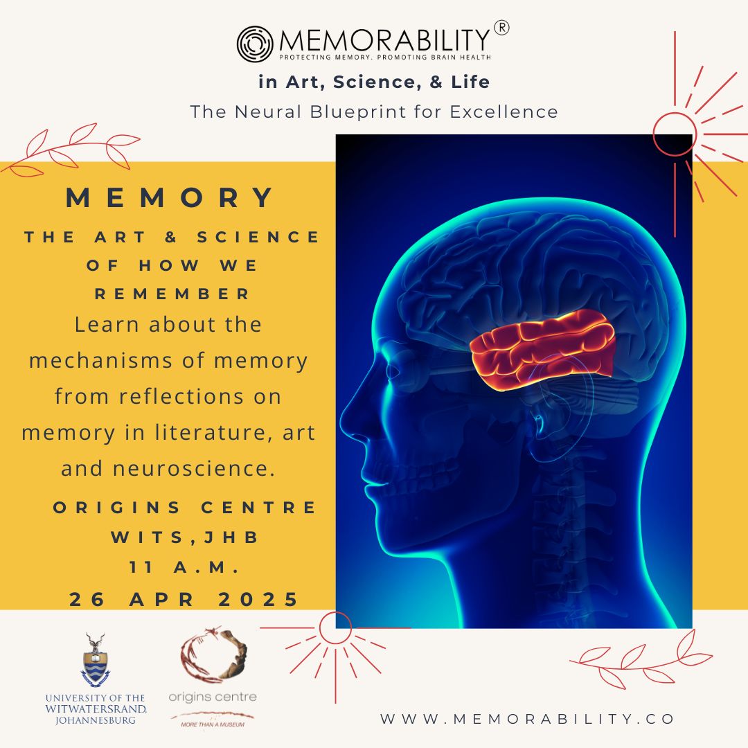 Memory: The Art and Science of How and What We Remember - Mental Health Session with Dr Kirti Ranchod.

26 April  |  11:00-12:00
<a href="/OriginsCentre/">Origins Centre Museum</a>

Tickets on Webtickets or at the door: R30 kids/Wits staff, R60 general.

#MentalHealthMatters #mentalhealth 
<a href="/MemorabilityHQ/">kirti</a>