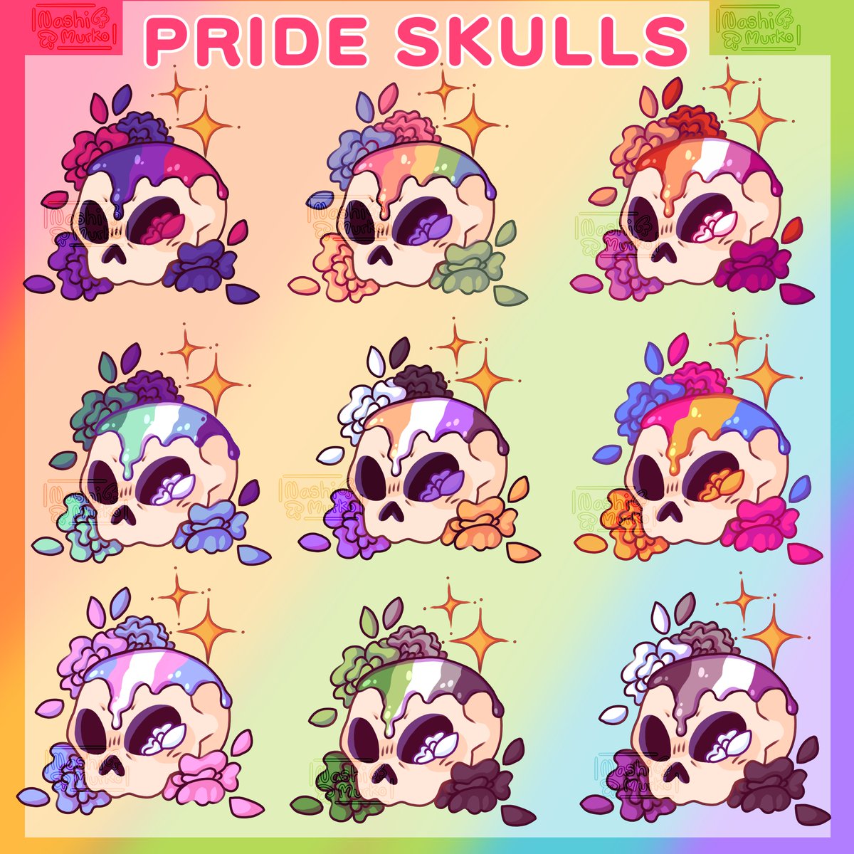New Pride Skulls! Available on stickers, badges, notebooks and more! 
Available Here! - redbubble.com/people/D-Illus…
✨╰┈ • ┈ ┈ ୨୧ ┈┈ • ┈╯✨
⭐️Shares and interactions appreciated ⭐️

#gaypride #lesbian #bisexual #pansexual #asexual #aromantic #nonbinary #transgender