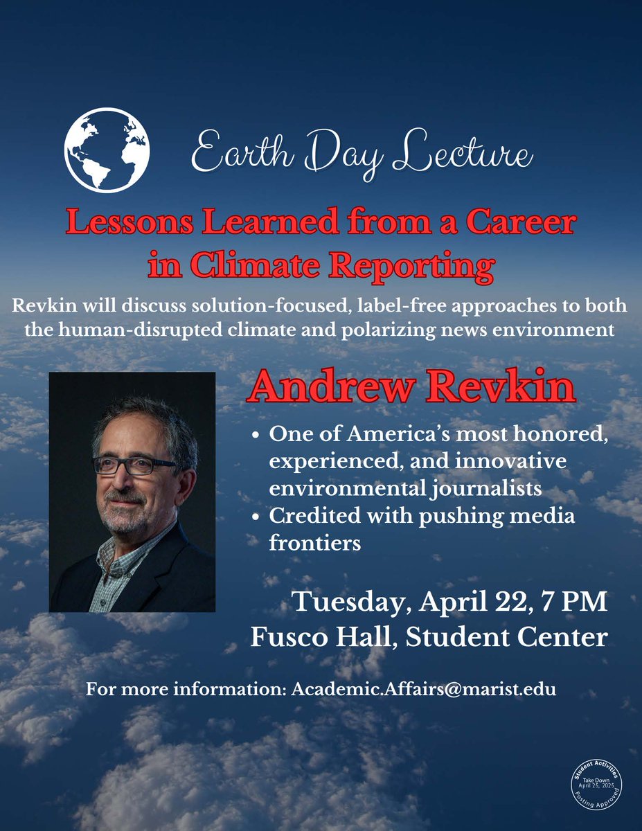 So excited to have <a href="/Revkin/">Andrew Revkin 🌎 ✍🏼 🪕 ☮️</a> visiting <a href="/Marist/">Marist University</a> on #EarthDay to tell our students about his experiences reporting on #climatechange &amp; the importance of #SciComm to build conversation &amp; community to tackle global challenges.