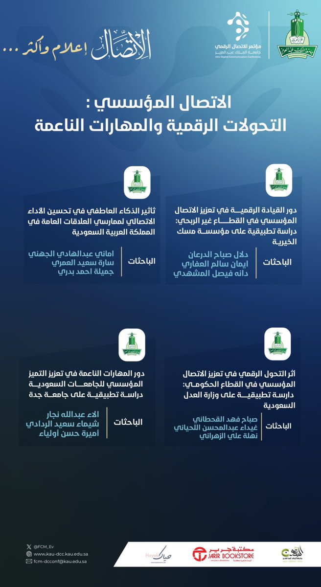 FCM_Ev's tweet photo. أبعاد متعددة للاتصال المؤسسي: 
القيادة الرقمية، الذكاء العاطفي، 
التحول الرقمي، والمهارات الناعمة…
ضمن الملصقات العلمية 
في #مؤتمر_الاتصال_الرقمي 2025.

#الاتصال_إعلام_وأكثر
#كلية_الاتصال_والإعلام
#جامعة_الملك_عبدالعزيز https://t.co/Mh7E8JmiPT