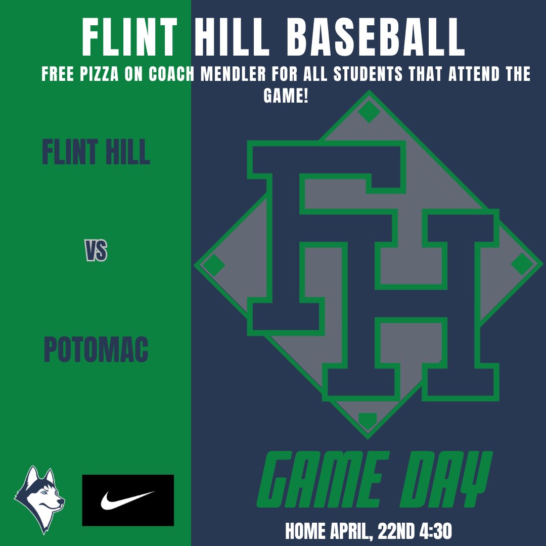 Big week of MAC action! 

‼️ FREE slice of pizza for all flint hill students that attend todays game on Coach Mendler ‼️

Varsity:
📍(Home) Flint Hill
🆚 Potomac
⏰ 4:30

JV:
📍(Away) McLean
🆚 Potomac
⏰ 4:30

#GoHuskies