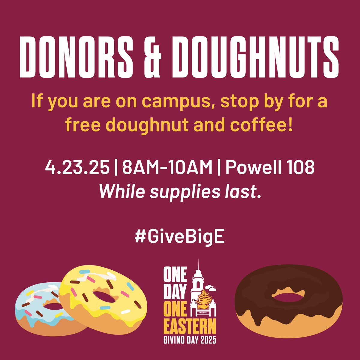 EKUalums's tweet image. If you are on campus, stop by Powell 108 anytime before 10AM for a free doughnut and cup of coffee or tea, while supplies last. We are thankful for all of our EKU employee and student donors today! go.eku.edu/givingday #GiveBigE