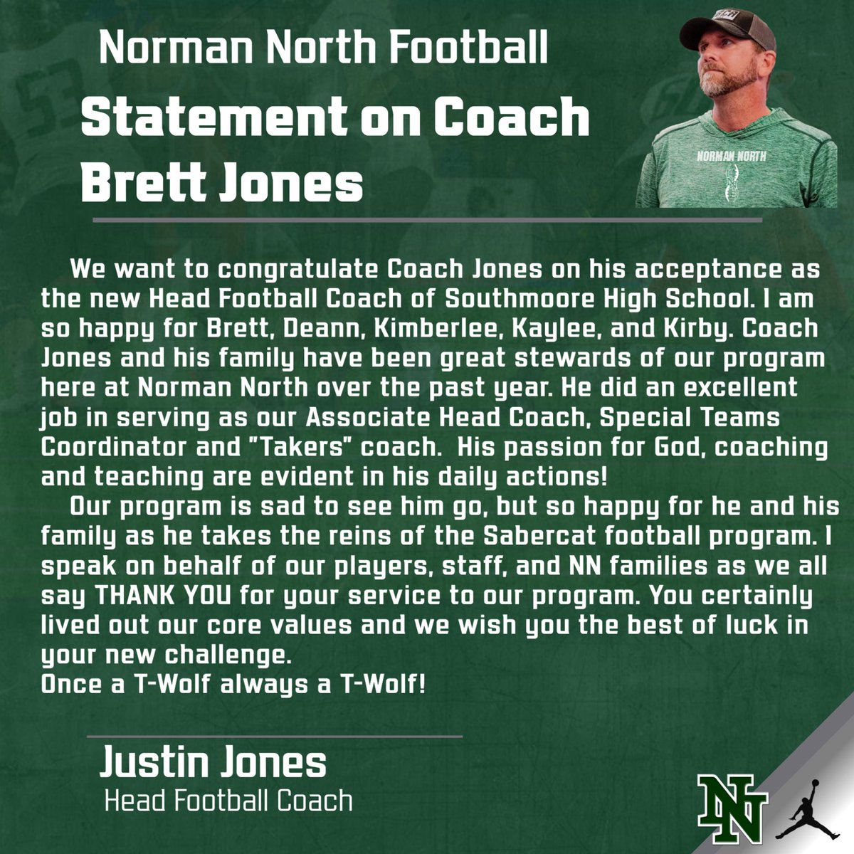 Justin Jones (@nncoachjones) on Twitter photo Congrats to <a href="/coachbrettjones/">Brett Jones</a>, <a href="/sabercatsports/">Sabercat Athletics</a> and <a href="/Southmoore_Ftbl/">Southmoore Football Gold Club</a>! Best of luck! Congrats to <a href="/coachbrettjones/">Brett Jones</a>, <a href="/sabercatsports/">Sabercat Athletics</a> and <a href="/Southmoore_Ftbl/">Southmoore Football Gold Club</a>! Best of luck!