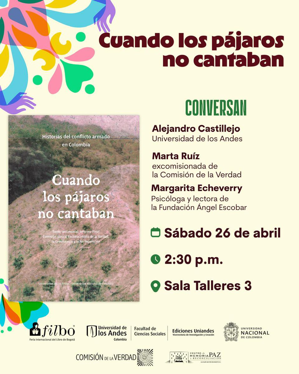 Alejandro Castillejo Cuéllar (@alecastillejoc) on Twitter photo A 3 años del Informe <a href="/ComisionVerdadC/">Comisión de la Verdad</a> lanzamos la 2a Edición de “Cuando los Pájaros No cantaban”, tomo testimonial que estuvo bajo mi dirección. Premio Angel Escobar 2024. Una bella coedición de <a href="/facisouniandes/">Facultad de Ciencias Sociales Uniandes</a> <a href="/Ed_Uniandes/">Ediciones Uniandes 📚</a> <a href="/editorialUN/">Editorial UNAL</a> <a href="/centromemoria/">Centro de Memoria, Paz y Reconciliación de Bogotá</a> A 3 años del Informe <a href="/ComisionVerdadC/">Comisión de la Verdad</a> lanzamos la 2a Edición de “Cuando los Pájaros No cantaban”, tomo testimonial que estuvo bajo mi dirección. Premio Angel Escobar 2024. Una bella coedición de <a href="/facisouniandes/">Facultad de Ciencias Sociales Uniandes</a> <a href="/Ed_Uniandes/">Ediciones Uniandes 📚</a> <a href="/editorialUN/">Editorial UNAL</a> <a href="/centromemoria/">Centro de Memoria, Paz y Reconciliación de Bogotá</a>