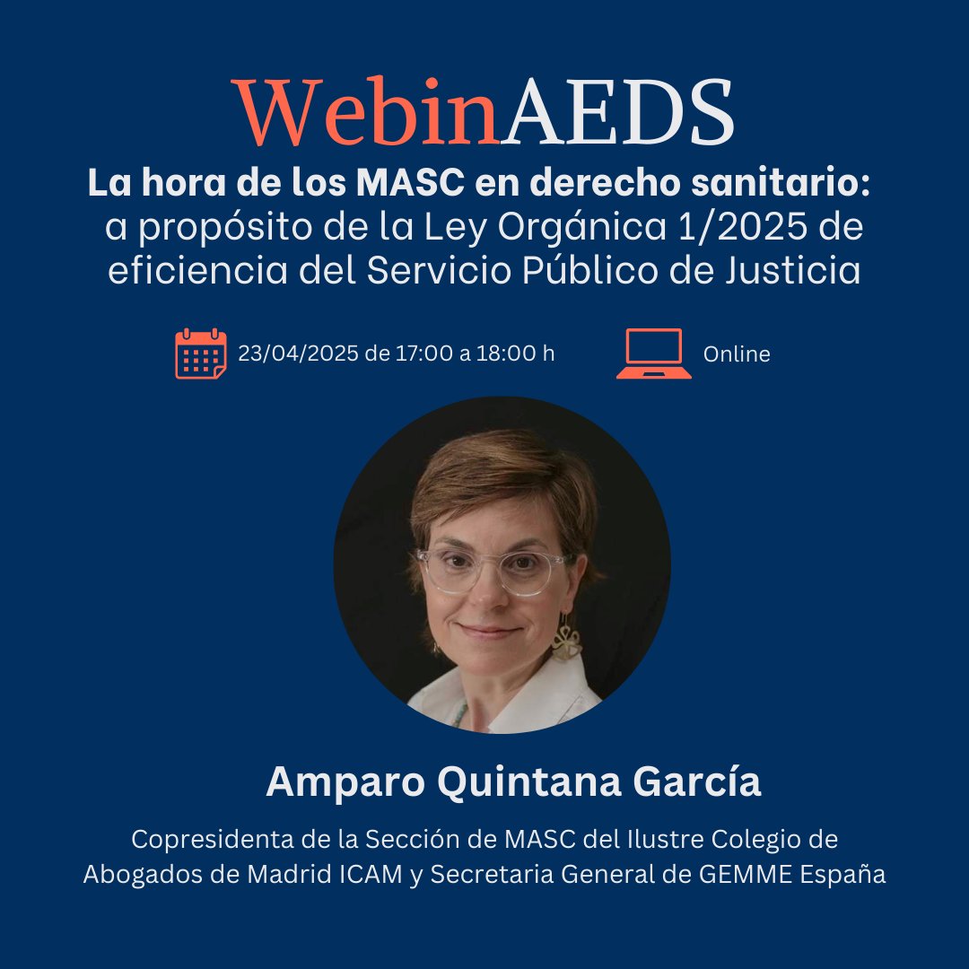 AEDS (@aeds_es) on Twitter photo Amparo Quintana García, Copresidenta de #MASC en <a href="/icam_es/">Ilustre Colegio de la Abogacía de Madrid</a> y Secretaria Gral. de @GEMMESpain, nos guiará en el #WebinAEDS con claves sobre la aplicación práctica de la LO 1/2025 desde la abogacía y la justicia restaurativa.
🗓️ 23 de abril | 🕔 17:00
🔗 pmsl.es/1q1 Amparo Quintana García, Copresidenta de #MASC en <a href="/icam_es/">Ilustre Colegio de la Abogacía de Madrid</a> y Secretaria Gral. de @GEMMESpain, nos guiará en el #WebinAEDS con claves sobre la aplicación práctica de la LO 1/2025 desde la abogacía y la justicia restaurativa.
🗓️ 23 de abril | 🕔 17:00
🔗 pmsl.es/1q1