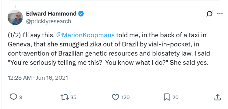 Florin_Uncovers's tweet photo. Rogue scientists will be rogue scientists.
Just ask @MarionKoopmans about how she smuggled Zika virus vial out of Brazil in her pocket. Or @cdrosten for his self-confessed smuggling of SARS1 virus in 2003.
We all know the next, likely bird flu, pandemic will be a lab leak too.🤡 https://t.co/LOj1D3gl9b