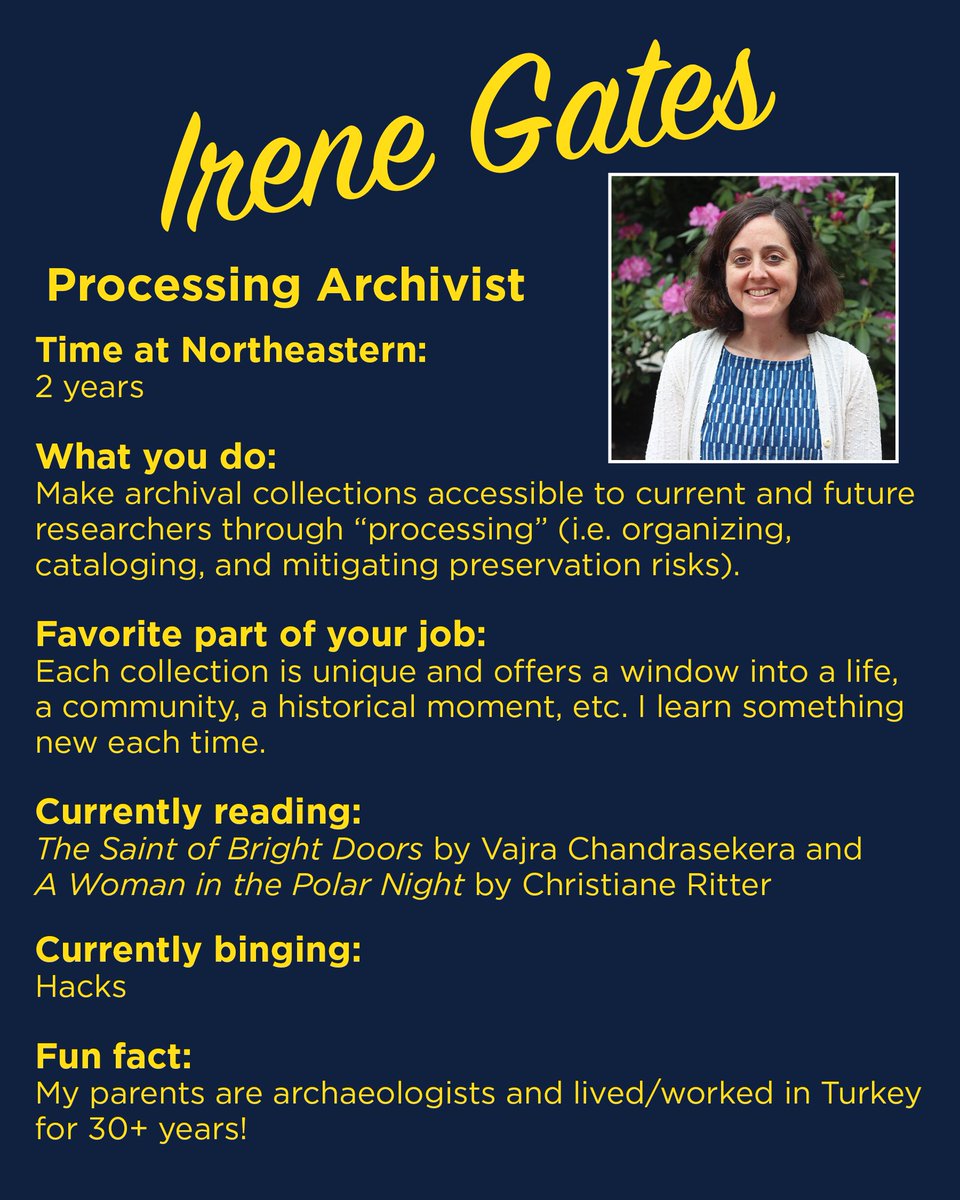 Northeastern University Library (@northeasternlib) on Twitter photo Meet Irene! Irene is a processing assistant for <a href="/NU_Archives/">Northeastern Archives and Special Collections</a> and makes doing archival research so much easier! She's also willing and able to talk Turkey with anyone interested! #MeetTheStaff Meet Irene! Irene is a processing assistant for <a href="/NU_Archives/">Northeastern Archives and Special Collections</a> and makes doing archival research so much easier! She's also willing and able to talk Turkey with anyone interested! #MeetTheStaff