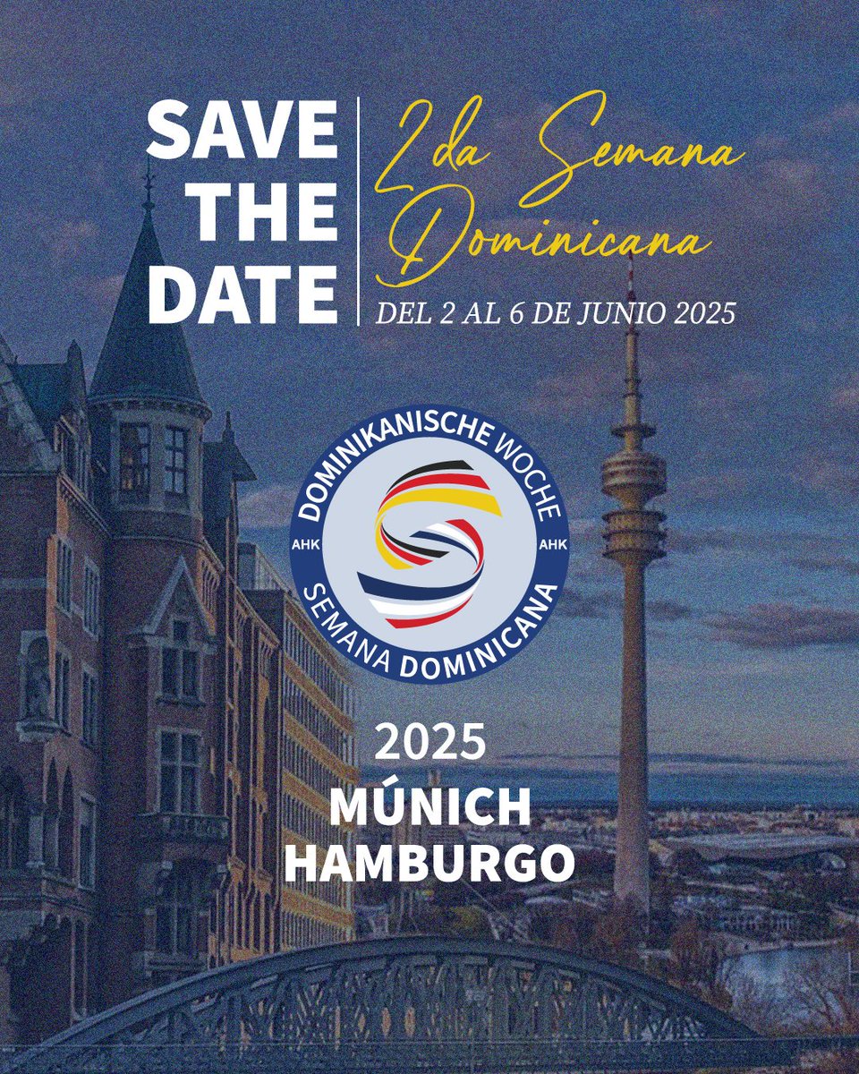 ¡Vuelve la #SemanaDominicana en Alemania!
Del 2 al 6 de junio de 2025, celebraremos con orgullo la 2da edición de este evento.

La rueda de prensa oficial será el martes 29 de abril a las 6:00 p.m., en el showroom de Volkswagen

Muy pronto compartiremos el programa completo.