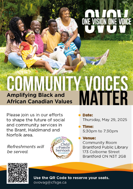 CFSGrandErie's tweet photo. Community Voices Matter
 Amplifying Black and African Canadian Values
Join us for an important community conversation to help shape the future of social and community services in Brant, Haldimand, and Norfolk.
Reserve your spot by scanning the QR code or emailing ovovag@cfsge.ca https://t.co/TfcHpDuE5B