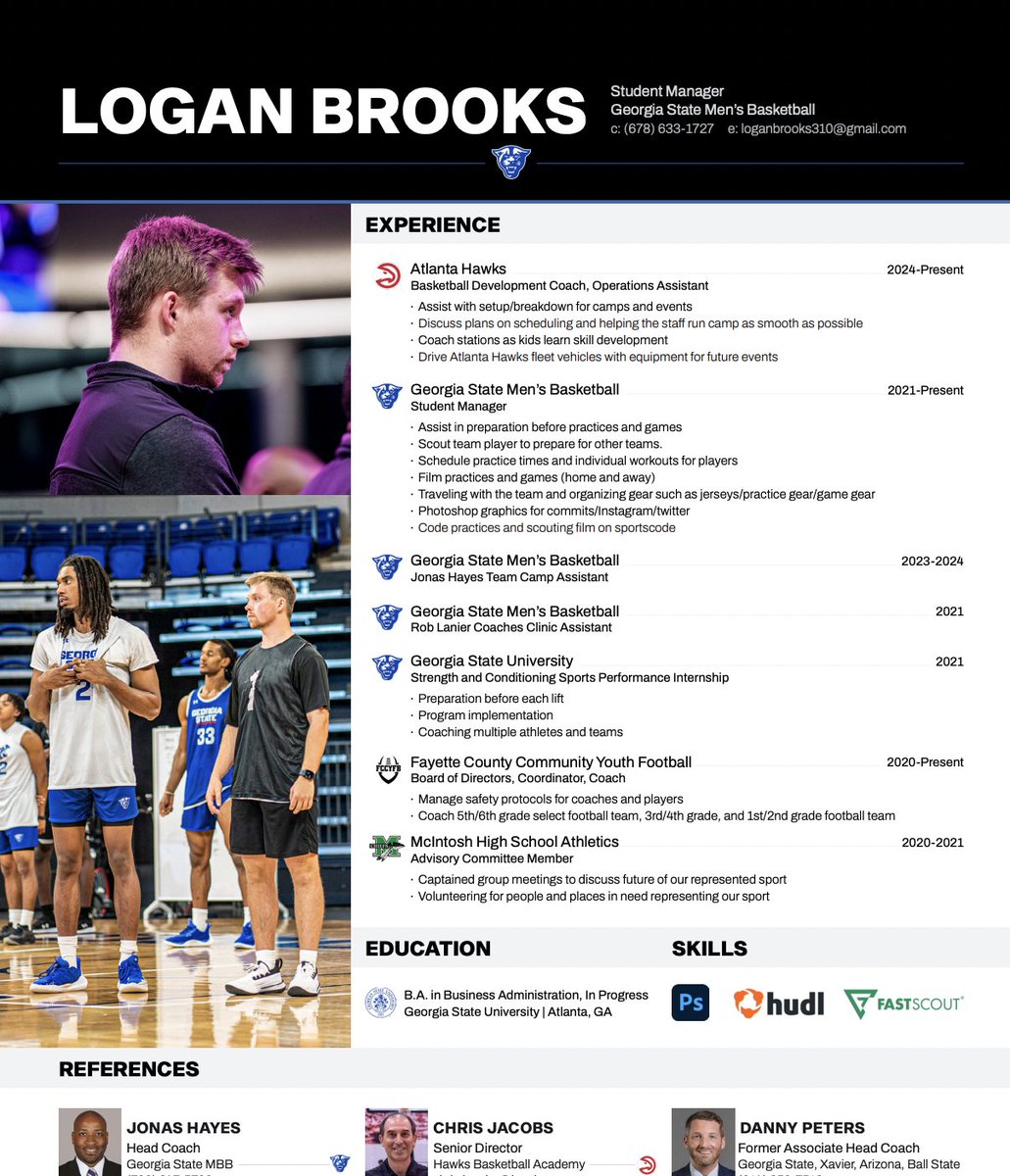 As I finish my 4 year tenure as head student manager at Georgia State I want to thank Coach Rob Lanier, Coach Jonas Hayes, and all the amazing staff for everything. I am open to exploring any Support Staff, Graduate Assistant, and positions in the NBA to further my career!