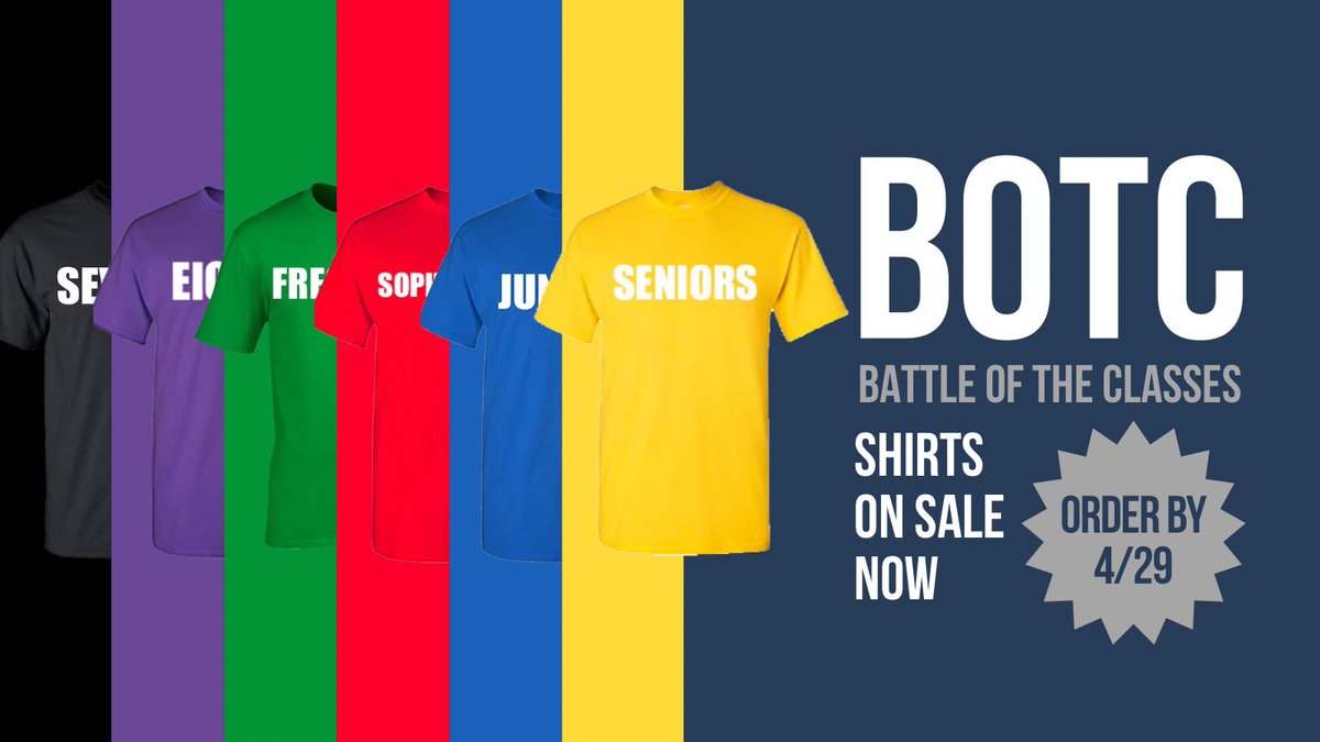 Get ready to represent your class! Battle of the Classes shirts are on sale now! Order by 4/29 to show your class pride! 
#BattleOfTheClasses #KnightPride