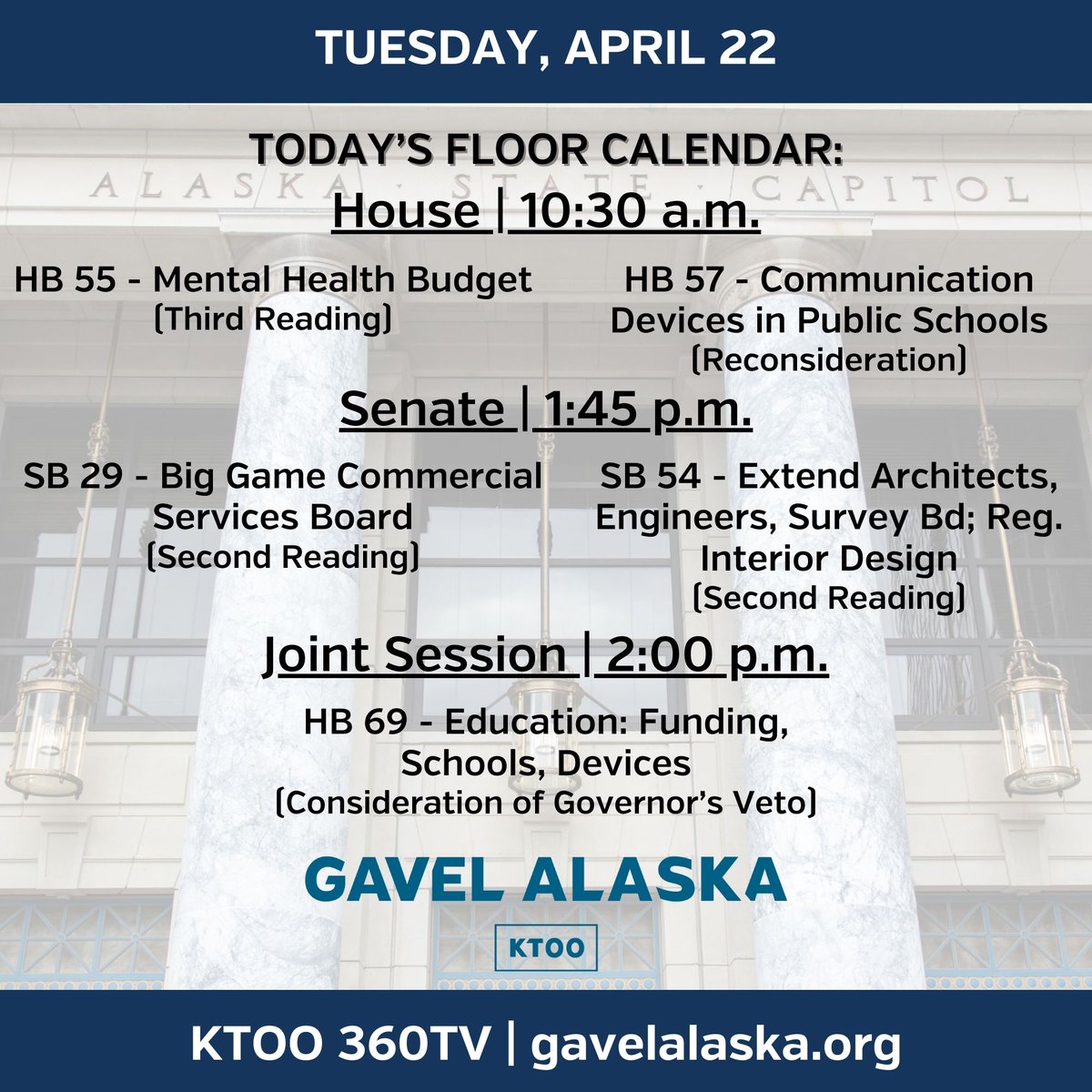 The Legislature will meet in a joint session today at 2:00 to consider overriding Gov. Dunleavy's veto of HB 69. 40 yes votes are required to override. #akleg