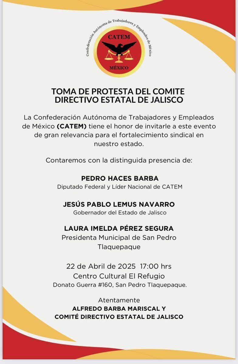Asume el liderazgo…
<a href="/alfredbarbam/">Alfredo Barba</a> rendirá protesta hoy como Secretario General de la Confederación Autónoma de Trabajadores y Empleados de México <a href="/CatemNacional/">CATEM MÉXICO</a> en #Jalisco