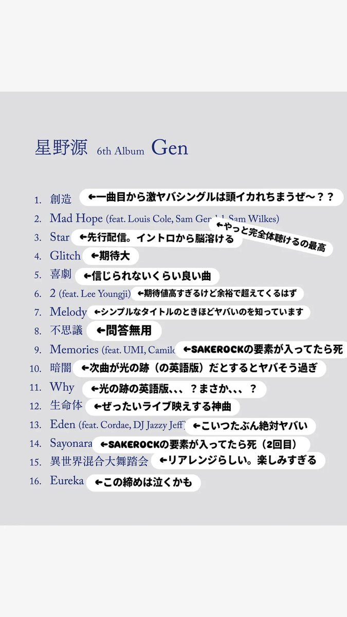 星野源_Gen のトラックリストにコメントしてみた。