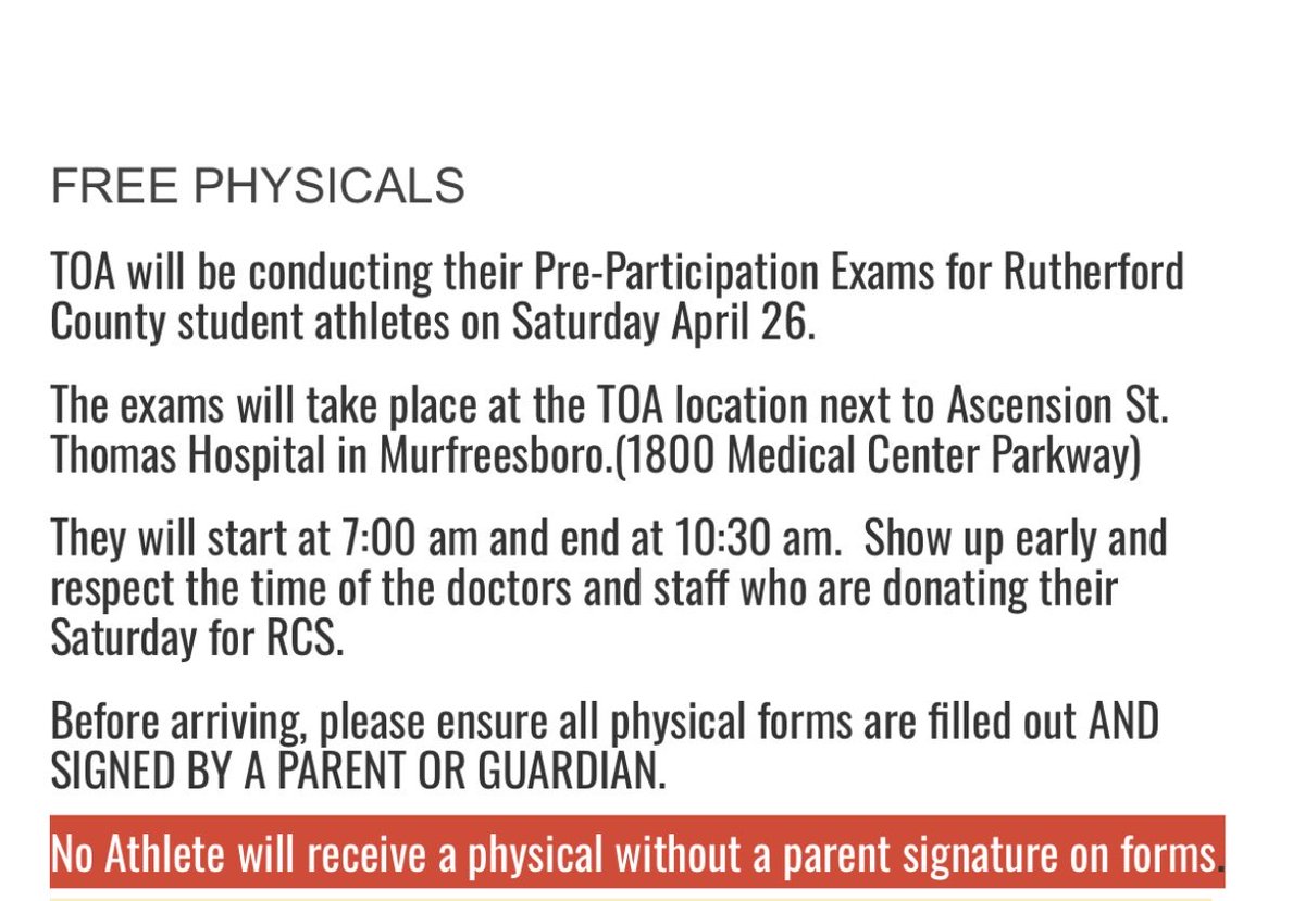 TOA will be administering free physicals to Rutherford County student athletes this weekend. You can get a copy of the physical paperwork off our Eagleville School website. It will be located under athletics.