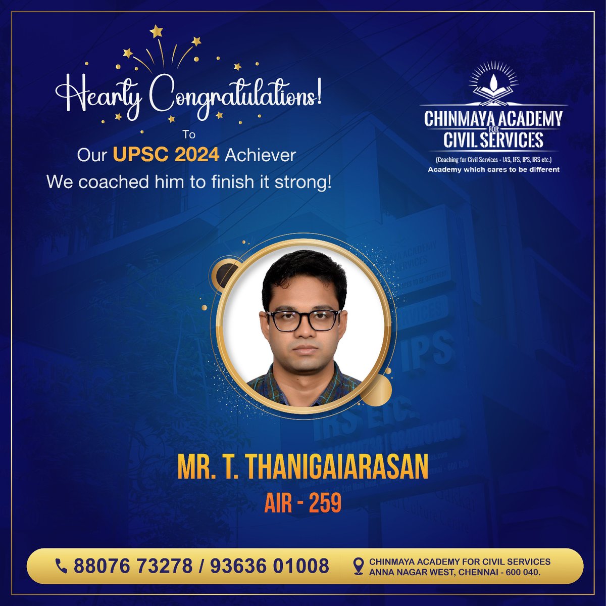 chinmayaacademy's tweet image. Hearty Congratulations to our UPSC 2024 Achiever Mr. T Thanigairasan - AIR 259 from Chinmaya Academy for Civil Services.

WE coached him to finish it strong

#upsc #upscresults #upsccoaching #upscpreparation #upsc2024 #chinmayaiasacademy #air259 #ias #ips #irs #ifs