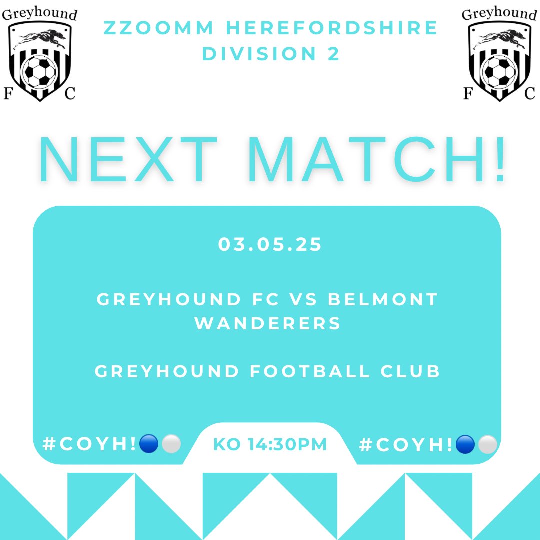 GreyhoundFC24's tweet photo. It’s the big one 🔥 

We face Belmont Wanderers in our final league game this season! 

A point from this game will see us crowned champions! 🍾 

Come and support the lads one final time this season, let’s get this league won🔵⚪️

Please note this is on May 3rd!

#COYH 🔵⚪️ https://t.co/G8la4dW7WL