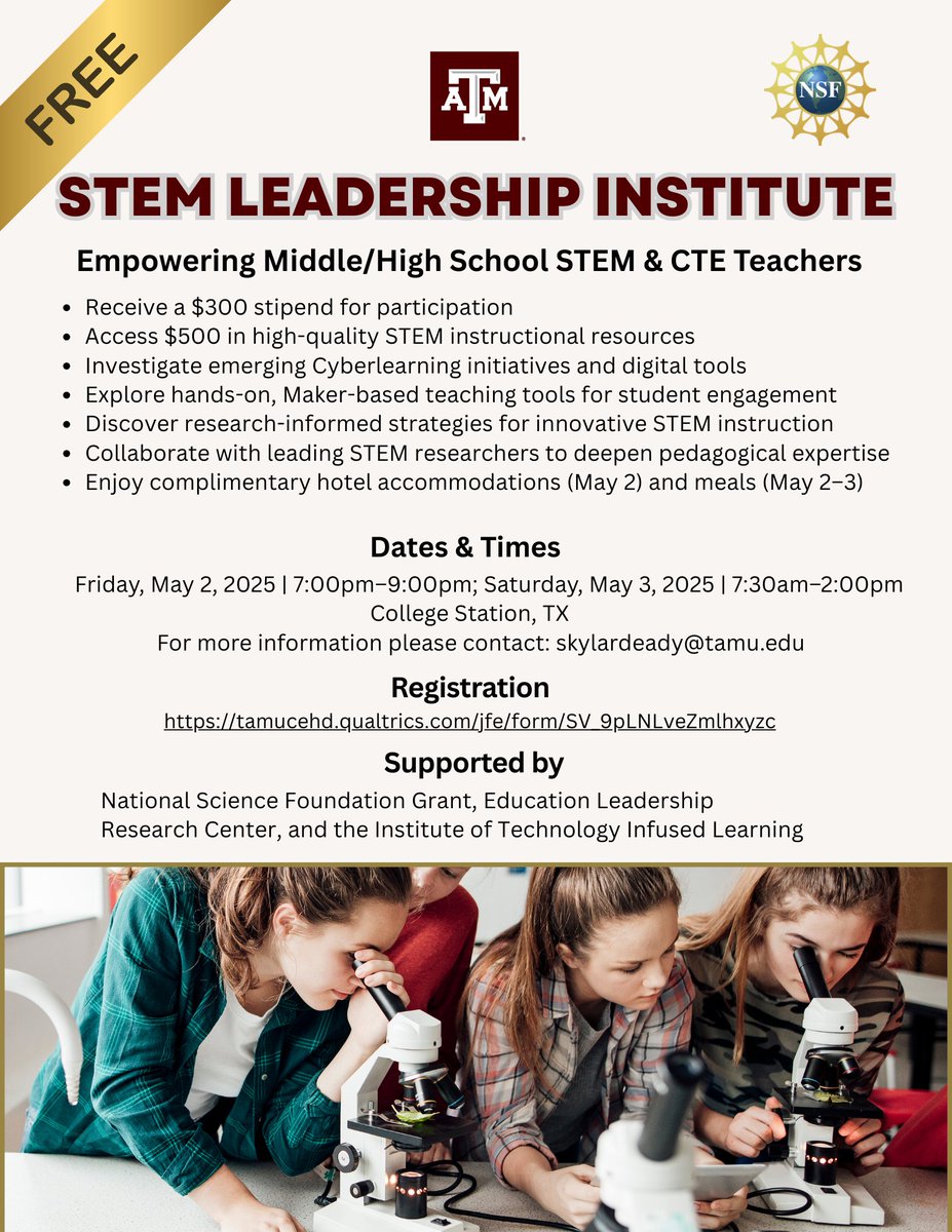 Join us for this energizing professional learning experience and help us ignite a love of STEM learning in every student. Spots are limited — register now!  tamucehd.qualtrics.com/jfe/form/SV_9p…  

#STEMTeachers #ProfessionalDevelopment #STEMLeadership #MakerEducation #Cyberlearning