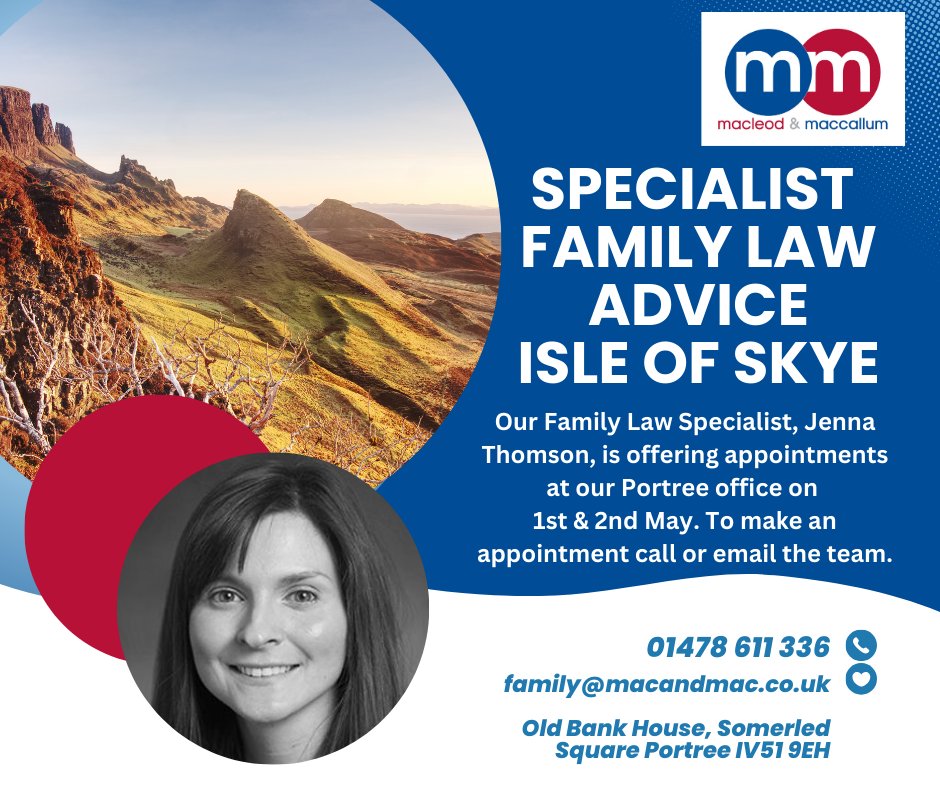 Macleod & MacCallum (@macandmac28) on Twitter photo Do you live on Skye or the surrounding area? Jenna Thomson will be in our <a href="/MacandMac28/">Macleod & MacCallum</a> Portree office on 1st and 2nd May. If you require advice on family law, please telephone 01478 611336 to arrange an appointment. Do you live on Skye or the surrounding area? Jenna Thomson will be in our <a href="/MacandMac28/">Macleod & MacCallum</a> Portree office on 1st and 2nd May. If you require advice on family law, please telephone 01478 611336 to arrange an appointment.